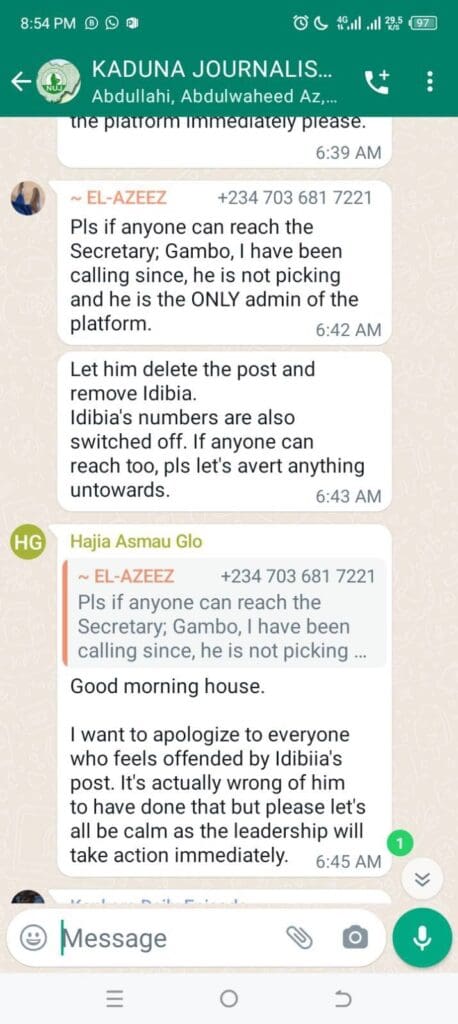 Screenshots from What's App with journalists accusing Gabriel Idibia of blasphemy against the Prophet.