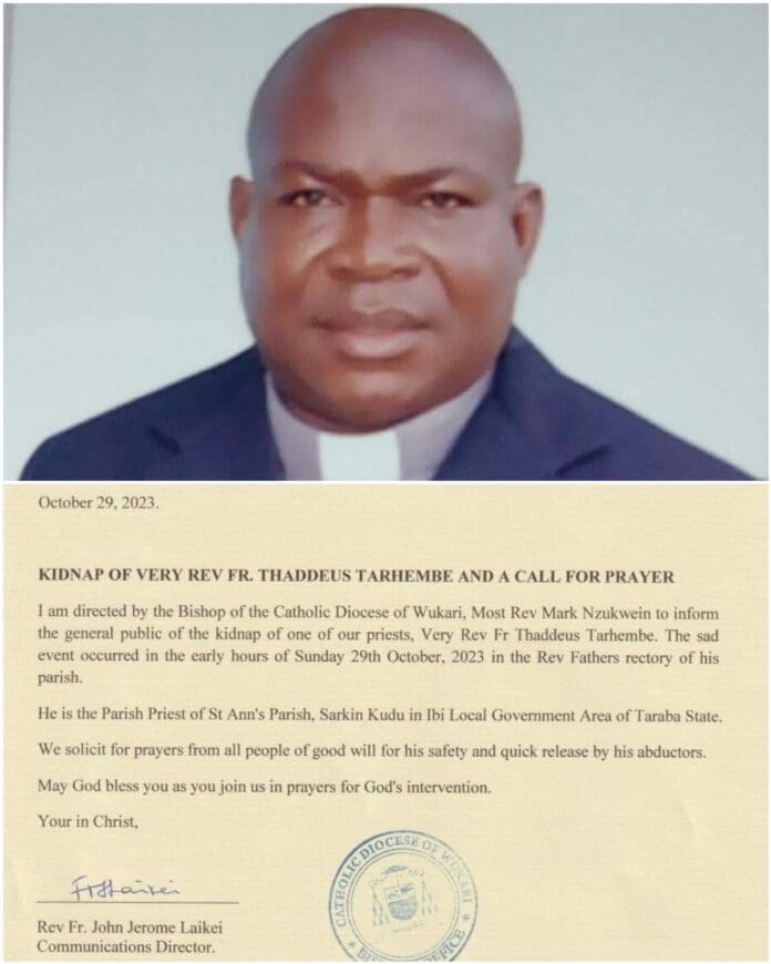 Rev Fr Thaddeus Tarhembe (up) and statement from the Catholic Diocese of Wukari (down). Credit: Fr. Francis Ezeh OFM Cap on X.