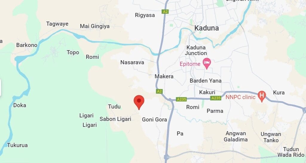 Map of Gonin Gora town, where citizen guards battled 60 terrorist breaking into the town Feb. 29. Drop mark shows the forested area where the guards exchanged fire with retreating terrorists. Map courtesy of Mark Danner.