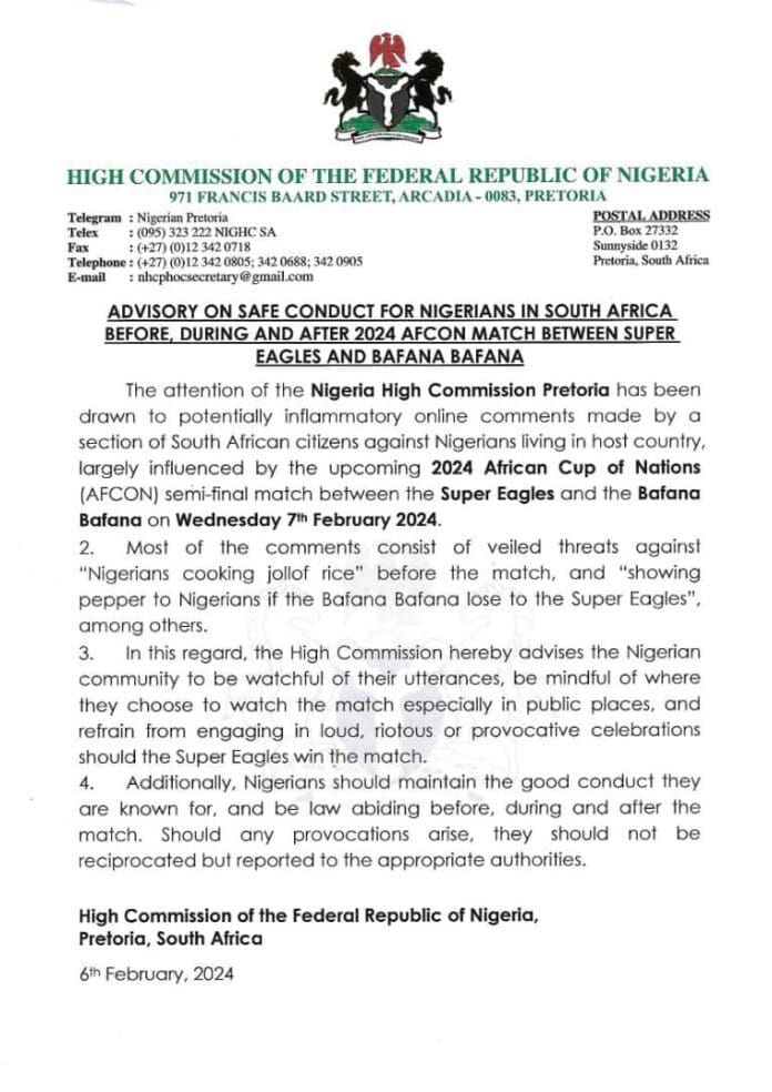 Statement by the High Commission of Nigeria in South Africa. Photo credit: X/@tvcnewsng