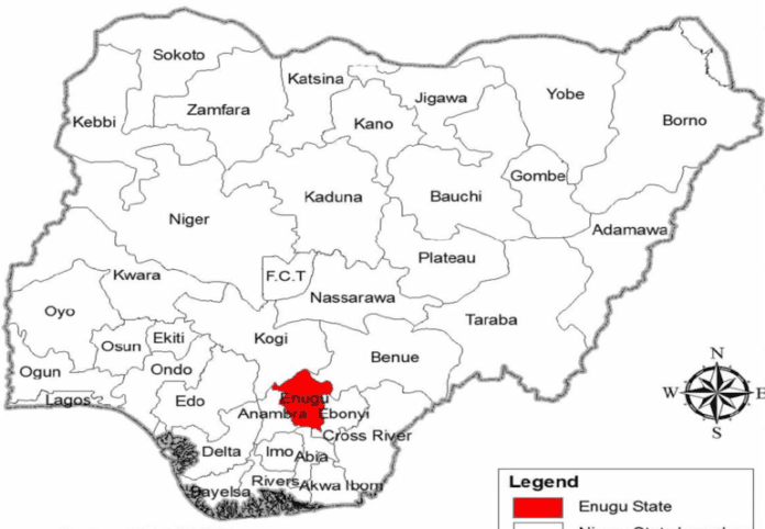 Map of Nigeria showing Enugu State in red color (Source: Extracted from Geospatial data of Nigeria 2012). Please refer to the online version of this paper to see this figure in colour: http://dx.doi.org/10.2166/aqua.2023.304.