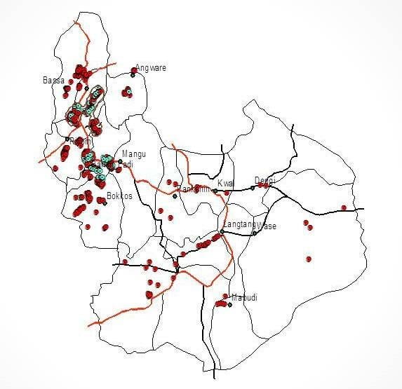 Map of historic tin mining ponds in Nigeria, courtesy of Prof. Nathaniel Goki, Nasarawa State University— Keffi.