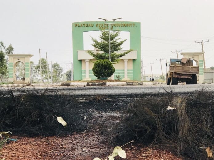 Plateau State University at Bokkos (PLASU) at its Eastern arch after bloody confrontation on April 19. credit: Masara Kim.