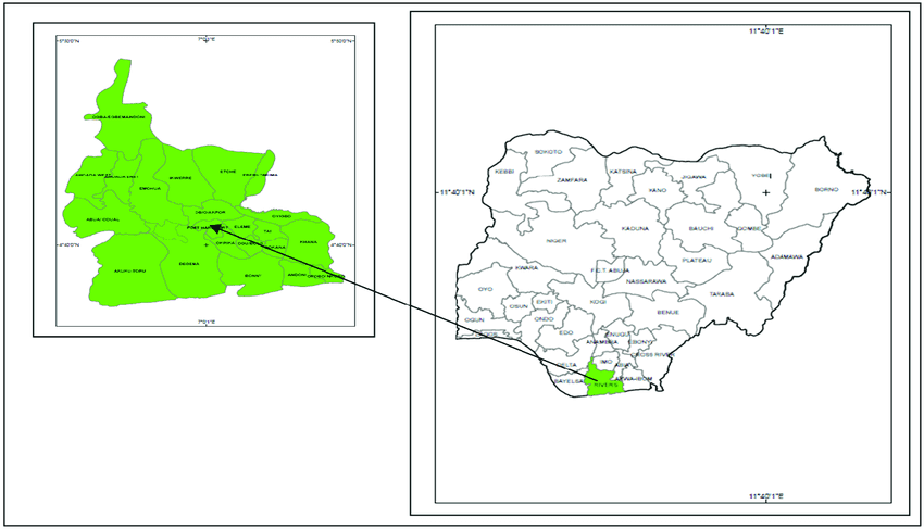 Map of Nigeria showing Rivers State and Port Harcourt local government area. Source: Geomatics Department, SPDC, Port Harcourt.  CREDITS  - Christopher Ledor Deeyah, Eke Stanley N and Chinwennwo Ohochuku. Via ResearchGate