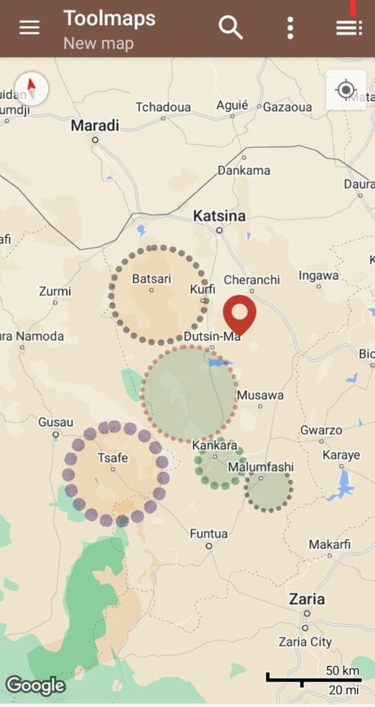 Bandit -controlled regions of the Rugu forest in Eastern Zamfara and Katsina State.