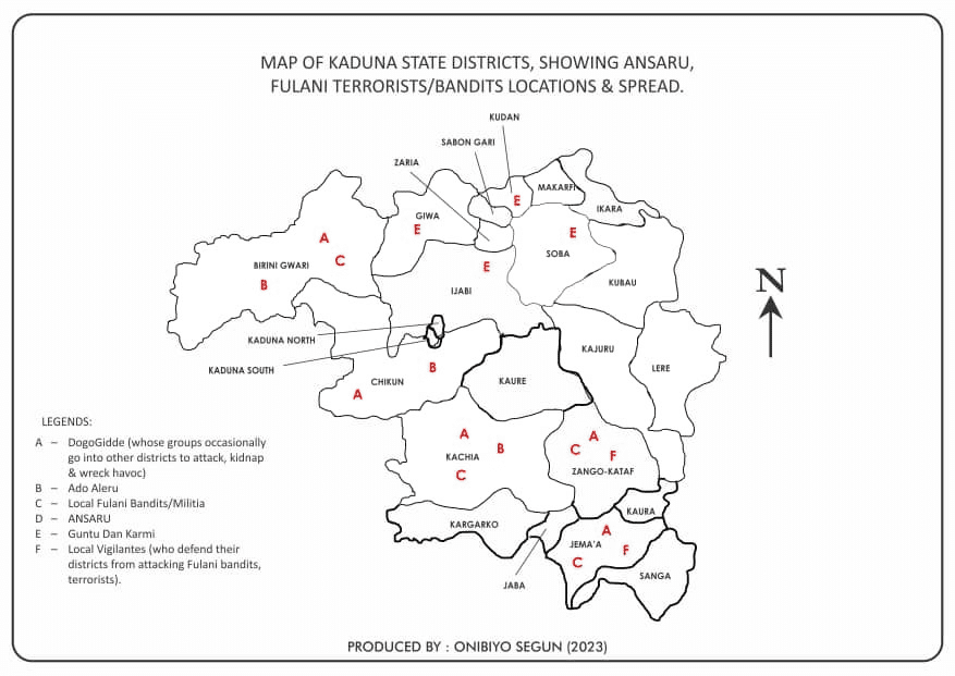 Map depicts criminal control in all Local Governance Areas of Kaduna State. Credit: Segun Onibiyo.