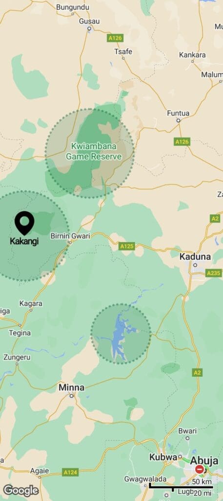 Map shows Kakangi community 100 miles west of Kaduna City. Credit: Luka Binniyat for TruthNigeria.