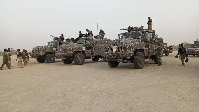 MNJTF troops on armored vehicles. Photo credit: X/@ZagazOlaMakama