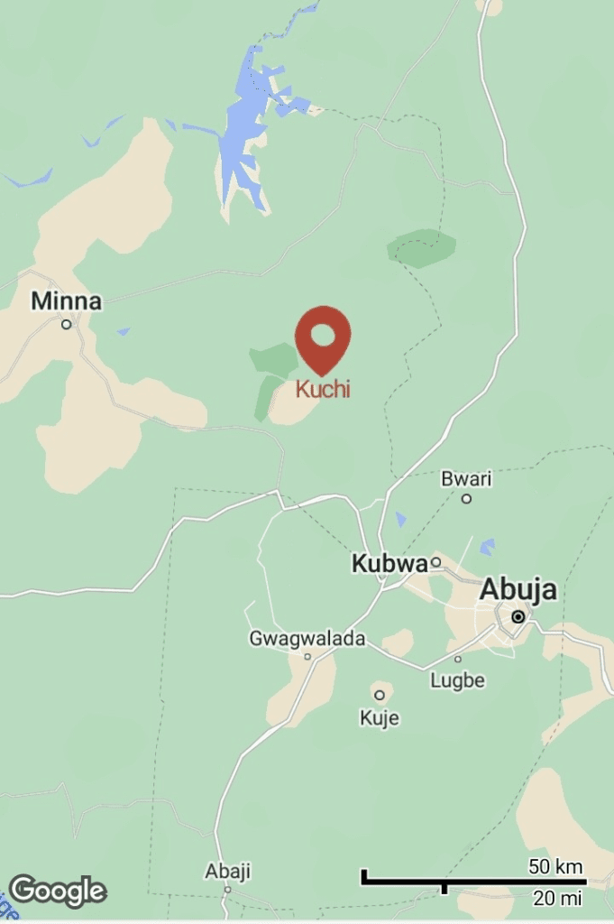 Google Map above shows that town of Kuchi is equidistant between Minna and Abuja and close to the densely forest border between Kaduna and Niger States.  