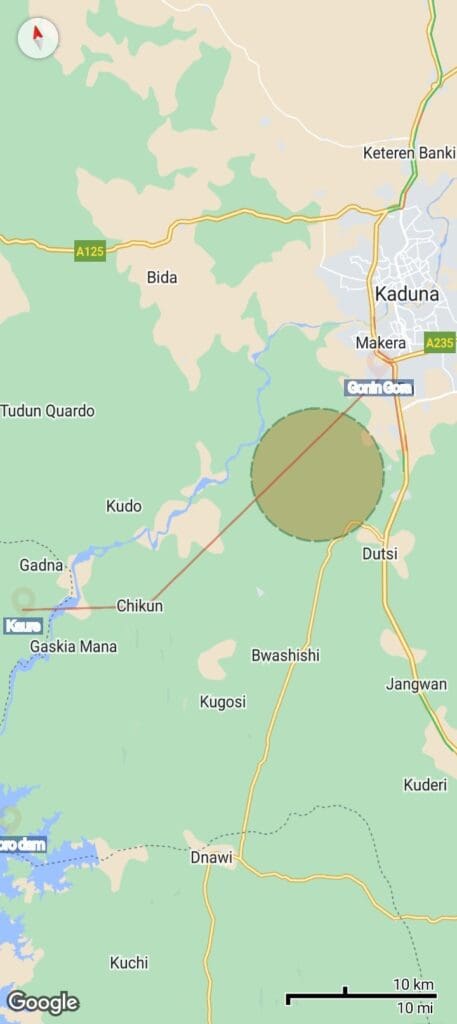 Google map illustrates the path of Gonin Gora hostages who were forced to march from their community to a bandit safe haven in Niger State on Feb 28. Credit: Luka Binniyat.  