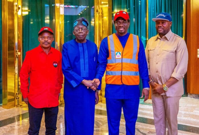 President Bola Tinubu with labour unions leaders Joe Ajaero and Festus Osifo. Photo credit: X/@NGRPresident