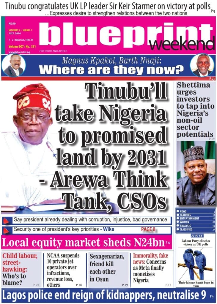 Cover of the Blueprint newspaper. Abdul Rahim Aodu, a reporter for BluePrint Newspaper, was kidnapped by armed terrorists.