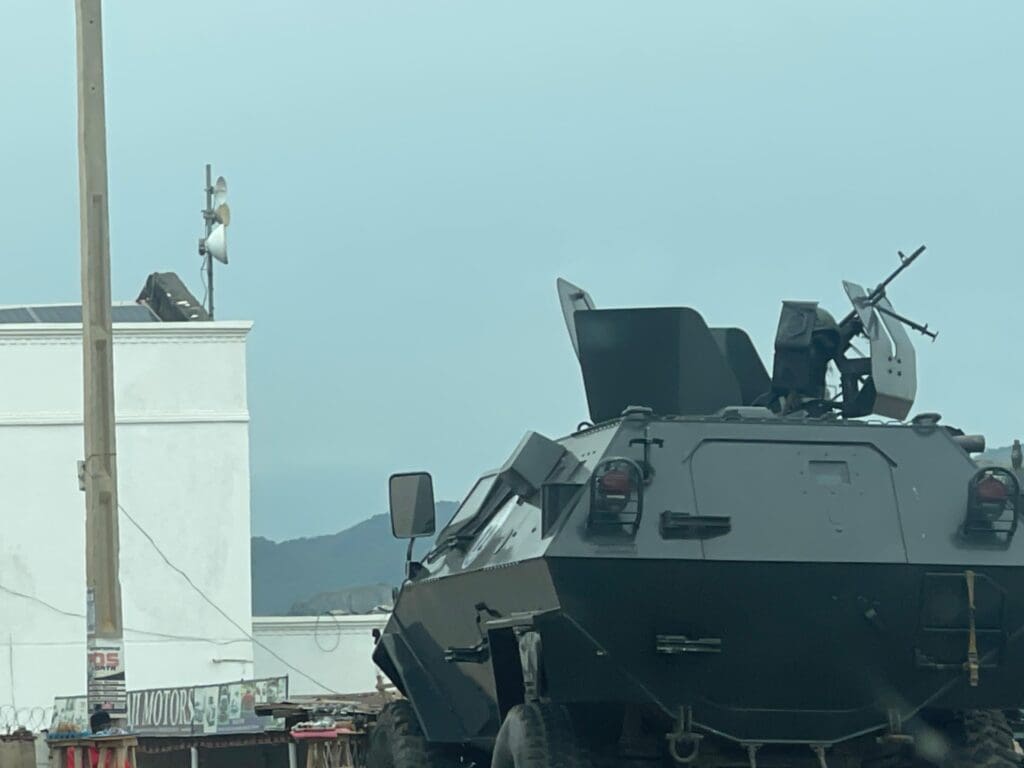 Nigerian Army armored personnel carriers were placed at overpasses in Jos to warn against civil disobedience. Photo by TruthNigeria.