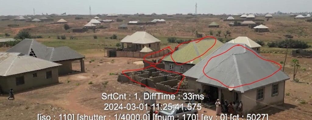 Residential houses (circled in red) struck by kidnappers in Gonin Gora, a suburb of Kaduna, on February 28, 2024, reported by TruthNigeria on March 1. Home invasions by Fulani kidnapping gangs are common in Kaduna State. credit:Citizen video from overhead drone.