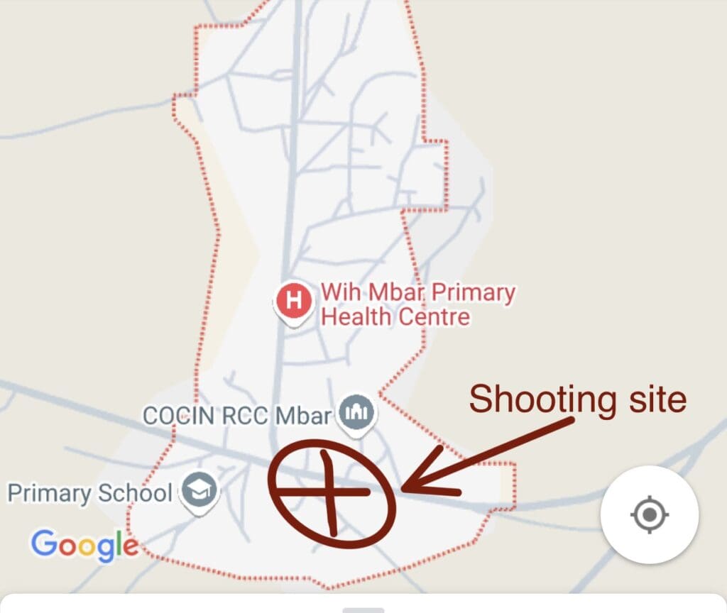 A google map modified by TruthNigeria showing shooting site in Mbar village near Jos Nigeria