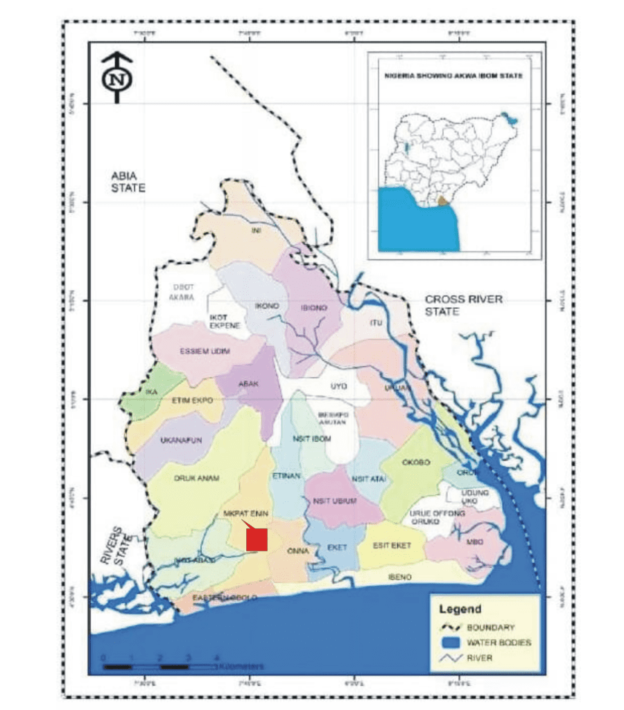 Map of Akwa Ibom state showing Mpat Erin Local government Area Credits - Umana Umana, Uwem Ituen, Imoh E. Ukpong and Unwana S. Koffi - Analysis of Morphometric Traits and Ecological Threats in Stubbs Creek Forest Reserve, Akwa Ibom State, Nigeria https://www.researchgate.net/figure/Map-of-Akwa-Ibom-State-showing-local-government-areas-Source-Survey-Division-Ministry_fig1_371031664
