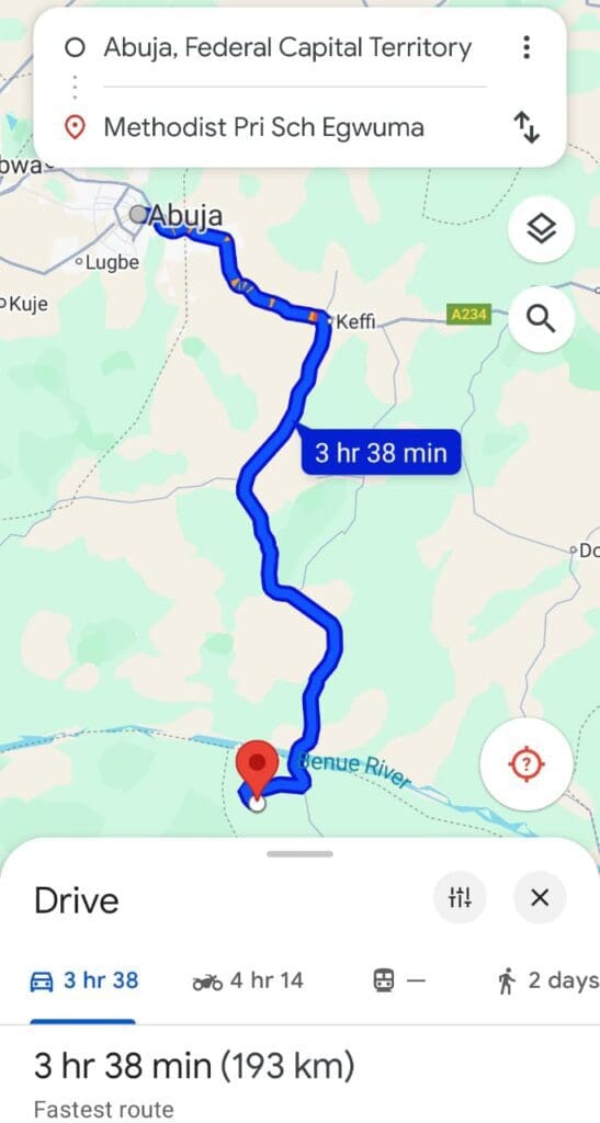 Map showing distance between Abuja and Egwuma.