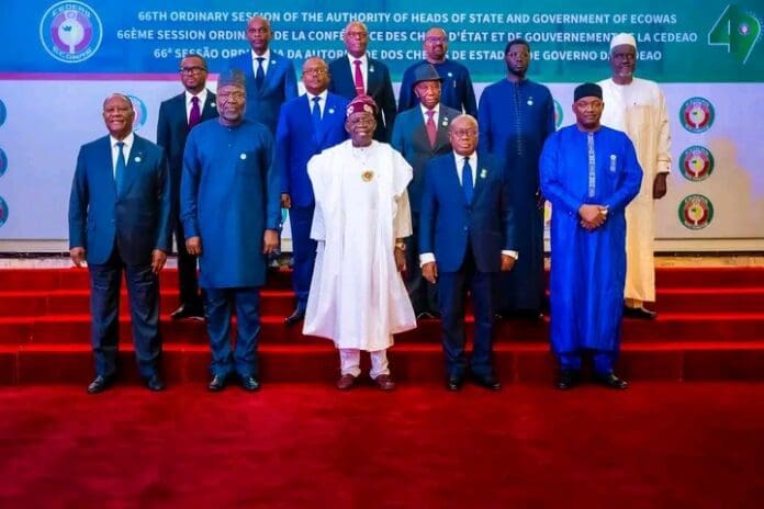 L-R front row: President Alassane Ouatara of Cote d’Ivoire; President of ECOWAS Commission, Dr Omar Touray; ECOWAS Chairman, President Bola Tinubu of Nigeria; President Nana Akufo-Addo of Ghana; President Adama Barrow of The Gambia and other Heads of State and Government during the 66th Ordinary Session of the Authority of Heads of State and Government of ECOWAS at the Presidential Villa in Abuja on Sunday. Photo credit: Facebook/Dada Olusegun.