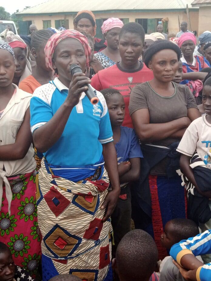 Woman community leader from Libere, Mrs Caroline Adamu, at informal IDP camp Maraban Rido Primary School, Kaduna, Wednesday
