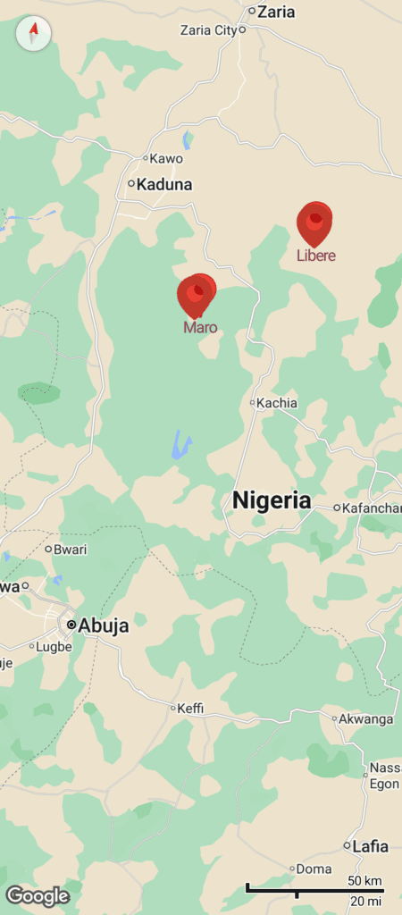 Map showing Libere and Maro towns (in red pinheads) in relations to Kaduna metropolis