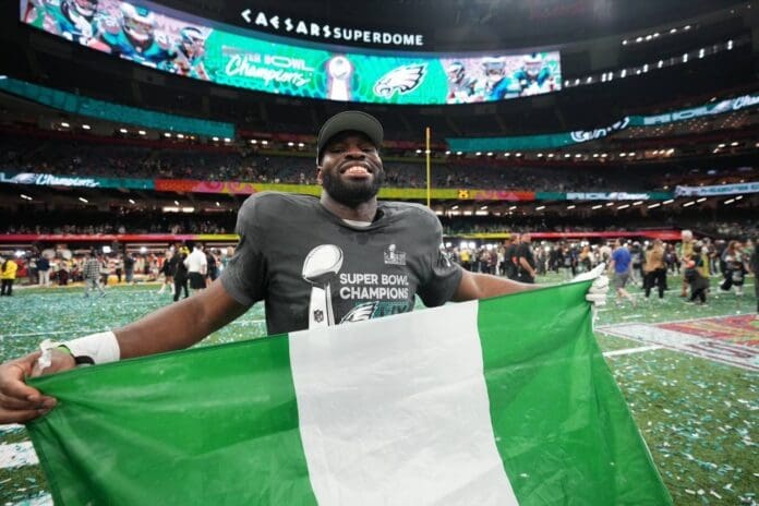 Moro Ojomo at the Super Bowl in Florida. Credit: Moroojomo X account.