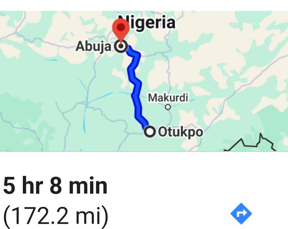 Google Map showing Location of Otukpo from Nation's Capital , Abuja 
Courtesy of Google Map 