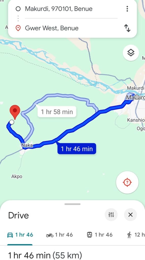 Geographical location of Gwer West from Makurdi