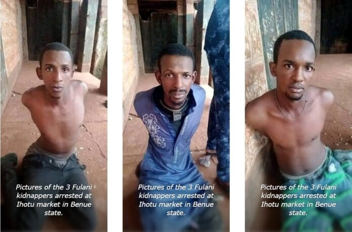 Pictures of the 3 Fulani kidnappers arrested at Ihotu market in Benue state. Picture Courtesy: Benue State Police.