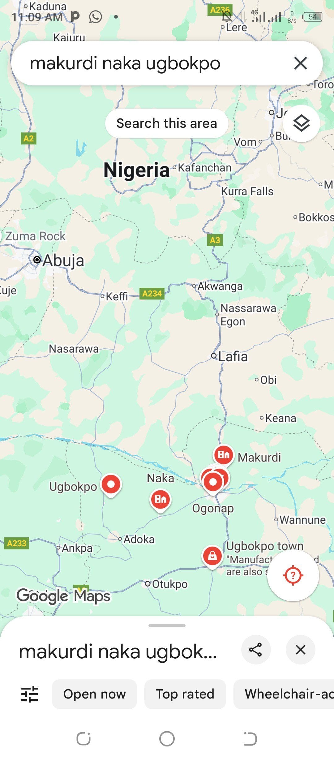 Map showing location of Abuja, Makurdi, Gwer-West and Apa  Credit: Google map
