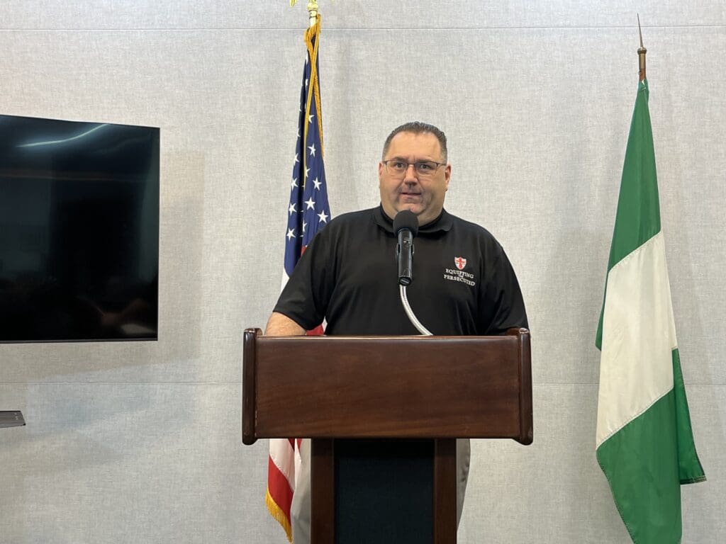 Judd Saul of Equipping the Persecuted speaking at the July 24, 2025, press conference in Washington, DC. Photo by Doug Burton/TrughNigeria.