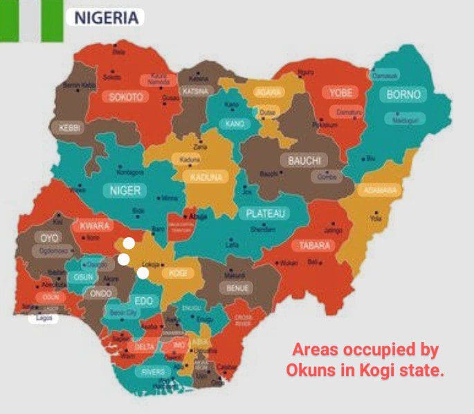 Map of Nigeria showing 36 states including Okun occupied areas of Kogi state. Picture Courtesy: Google maps