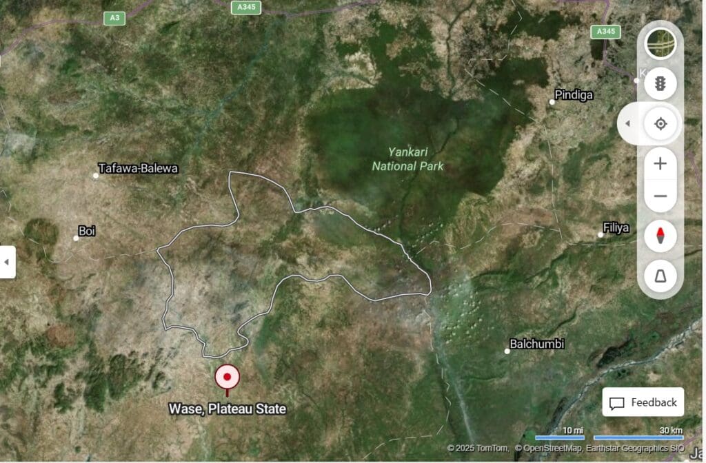 Satellite image of Wase showing battle site Yankari Game reserve. 