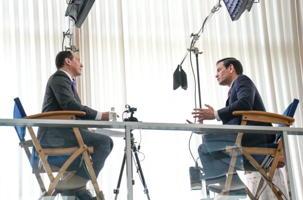Secretary Marco Rubio is interviewed by Raymond Arroyo of EWTN’s The World Over at the Department of State in Washington, D.C., August 7, 2025. (Official State Department photo by Freddie Everett)
