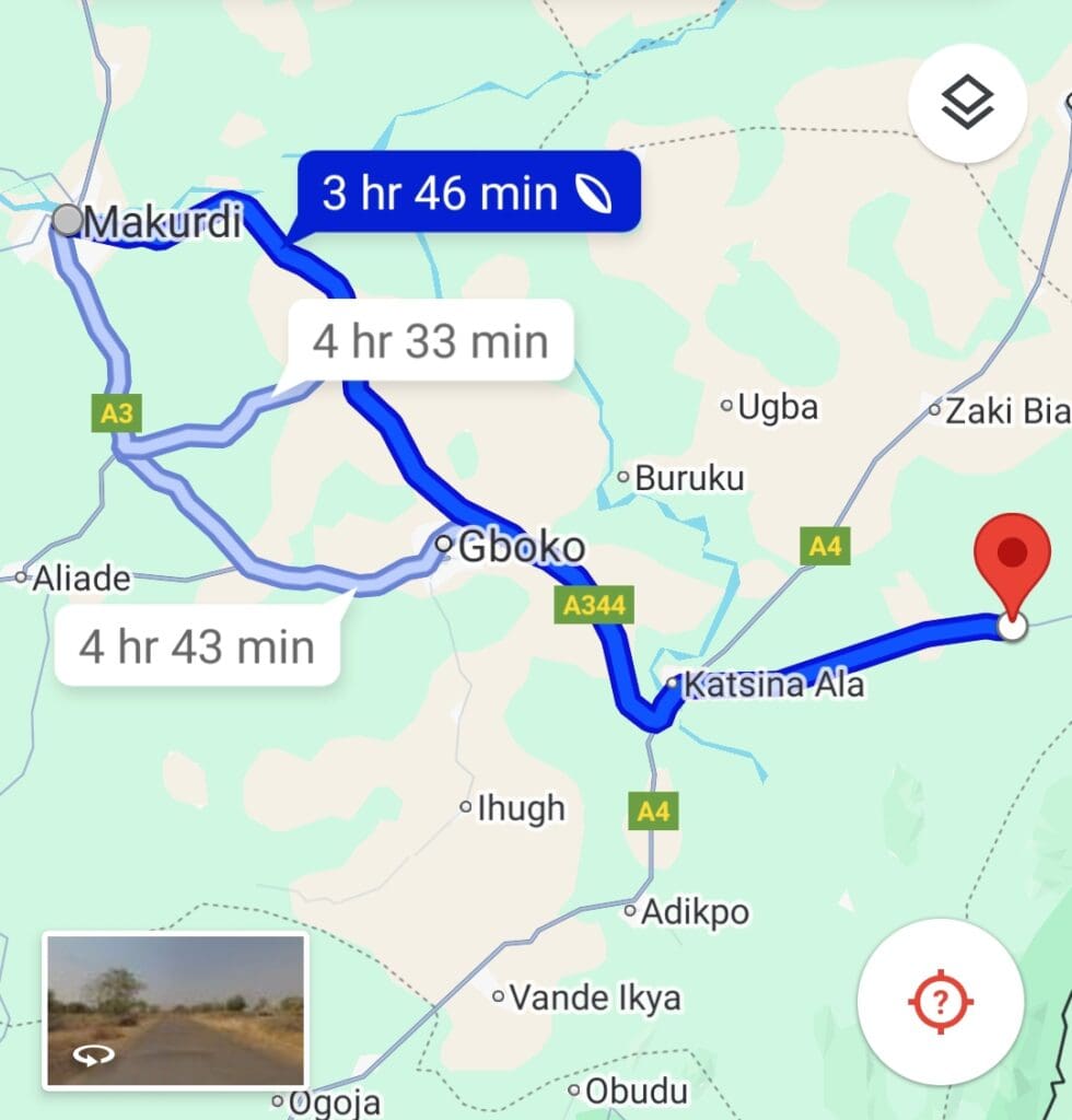 Location of Katsina-Ala from Makurdi  Credit: Google map 
