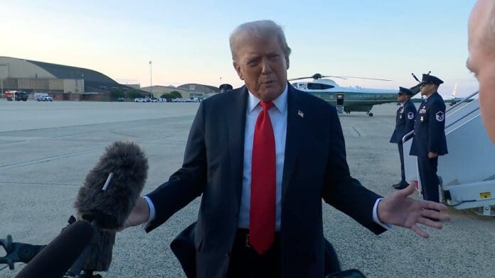 President Donald Trump speaks to reporters on Sept. 7, 2025, at Joint Base Andrews. Photo is a screenshot of official White House video.