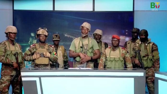 On December 7, 2025, a group of soldiers announced on national Beninese television that they had seize power in a coup attempt. Image from broadcast on Bénin TV.