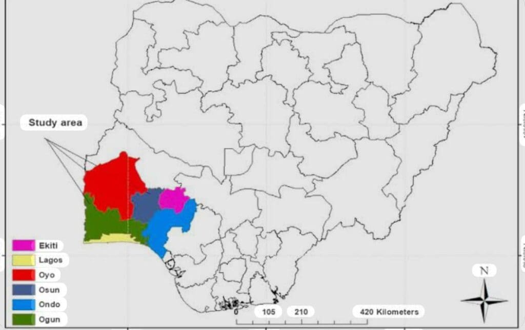 Map of Nigeria showing 36 states including 6 SouthWest states. Picture Courtesy: Research Gate.