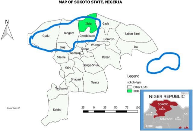 Map of Sokoto State showing the 5 Local governments hosting Lakurawa. Credit: Research gate but edited by TruthNigeria.