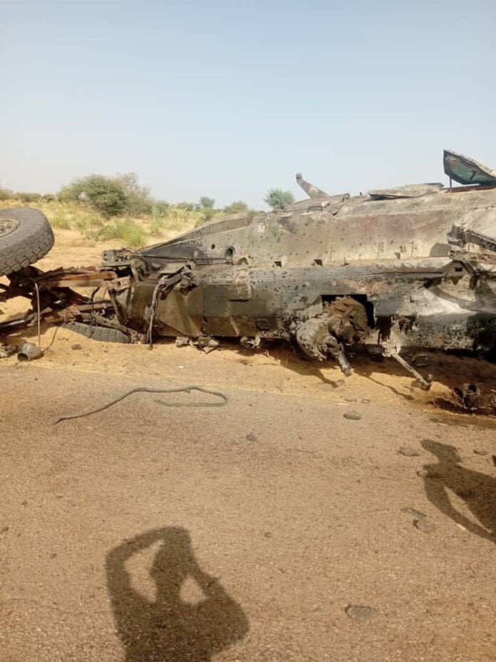 the mine resistant vehicle damaged from Sunday (5th January, 2026) near Damask, Borno State (credit: Nairaland) 