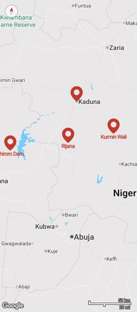 Map shows three significant locations in Northcentral Nigeria. Kaduna city is a metropolis holding 1.2 million people and the capital of Kaduna State. Shiroro Dam (lower left) is a major center of hydroelectric power but also a hub for Boko Haram terrorists and Fulani Ethnic Militia raiding into Kaduna State. Rijana Forest is a hub for a network of camps containing 800 kidnapped hostages. Kurmin Wali is a 1,000-person village in Kajuru Country where 177 Christian worshippers were abducted on Sundaym Jan. 18 and marched into the forest. 166 of them are still missing. Map by Luka Binniyat.
