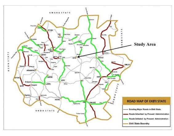 Road map of Ekiti state showing counties - inset Oye Ekiti county, Ekiti state. Picture Courtesy: Research Gate.
