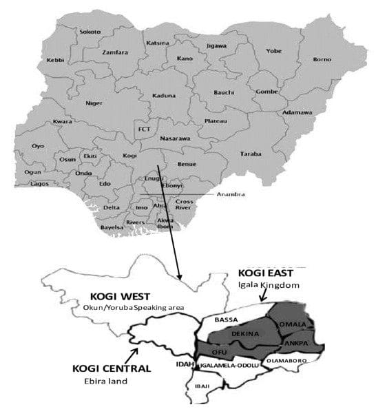 Map of Nigeria showing Kogi state and counties - local government areas. Picture Courtesy: Research Gate.
