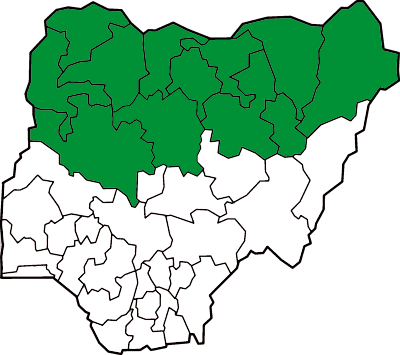 The 12 Nigerian states with Sharia law. Map via Wikipedia/CC.