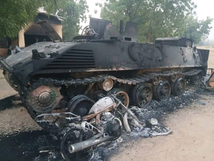 Nigerian military vehicles damaged in the Ngoshe Attack.