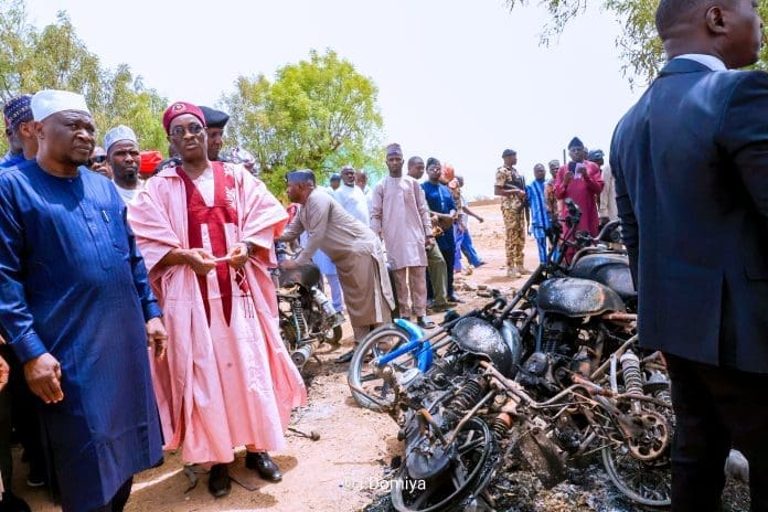 Gov. Ahmadu Umar Fintri (in white skull cap and blue long dress) along with government officials assessing Guyaku community after the terrorists invasion. Photo credit: X/@GovernorAUF.