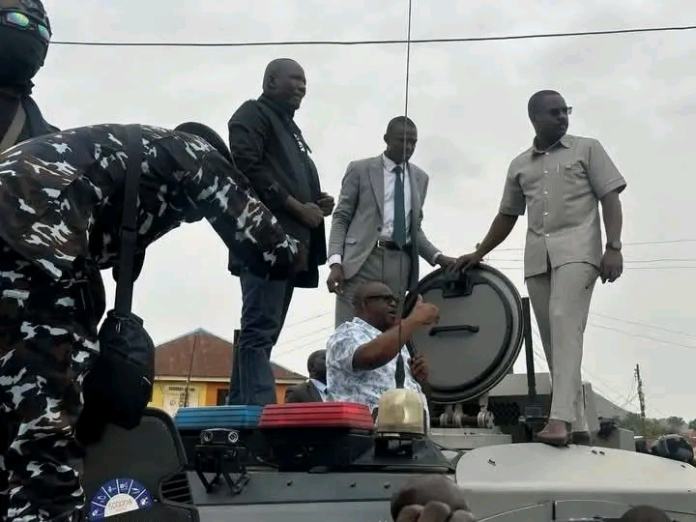 Governor Caleb Mutfwang addresses residents from an armoured personnel carrier | Credit: Premium Times