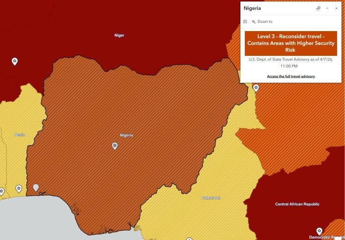 US State Department Travel Advisory Map showing Level 3 warning about Nigeria.
