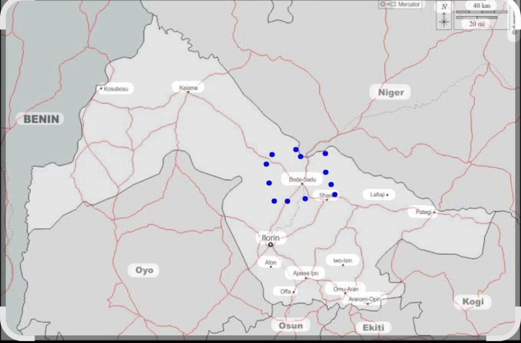 Map of Kwara state showing location of Bode Saadu. Picture Courtesy: Google.