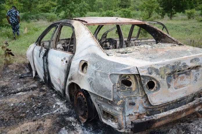A vehicle belonging to the principal of one of the affected schools in Oyo State, set ablaze during the attack in which pupils and teachers were abducted. Photo credit: X/@OyoPoliceNG.