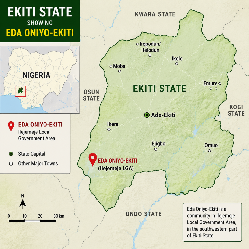 Map of Ekiti state showing Eda Oniyo-Ekiti. Map created with AI.